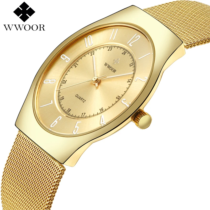 

WWOOR Top Brand Luxury Men Ultra Thin Waterproof Gold Watch Men's Quartz Slim Analog Clock Male Sports Watches relogio masculino