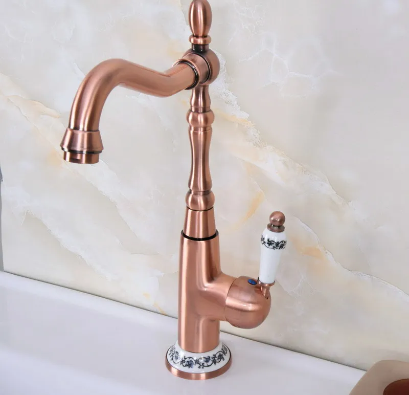 Antique Red Copper Brass Ceramic Base Kitchen Wet Bar Bathroom Vessel Sink Faucet Single Hole Swivel Spout Mixer Tap anf624