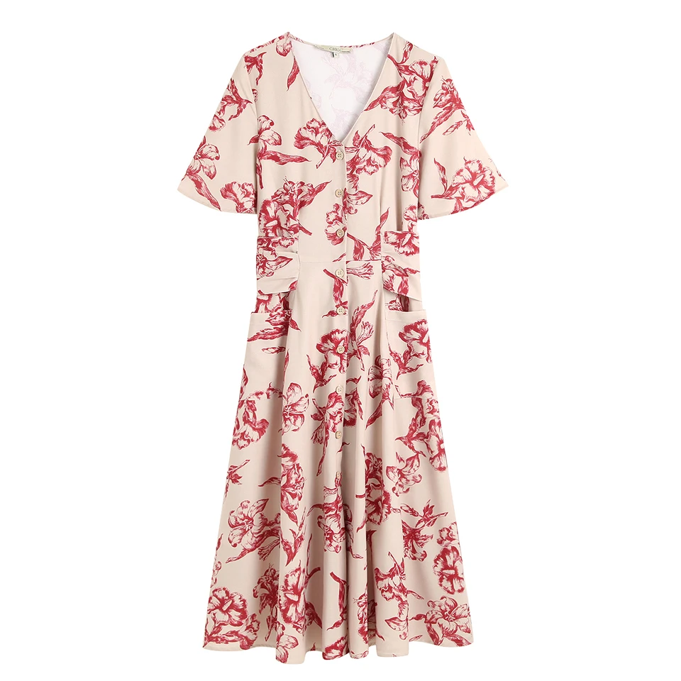

2019 Women Summer Print Vintage Dress Half Sleeve Pockets Belt Bow Tie V-Neck Dresses Female Fashion Elegant Dress vestidos