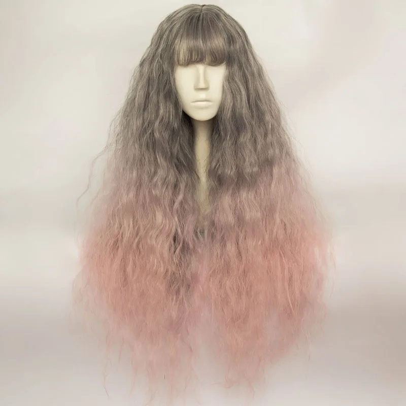 

80CM Light Gray Mixed Pink Long Curly Lolita Ombre Fluffy Cosplay Wig Halloween