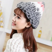 Теплые Лоскутные Шапки, повседневные женские осенне-зимние шапки ручной работы, грубая вязаная шапка для женщин, шапочки, яркие вязаные шапки