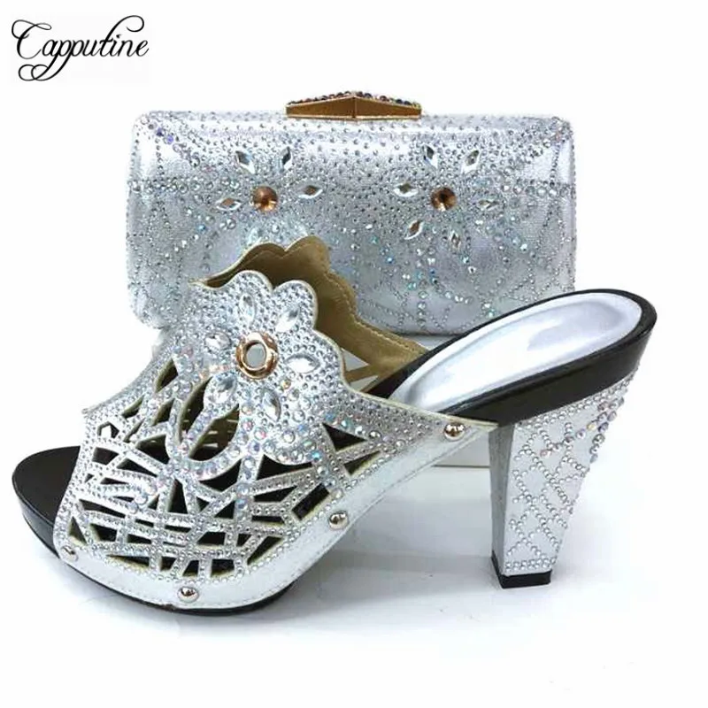 Capputine New Arrival African Shoes With Matching Bags Italian PU With Rhinestones Shoes And Bags Set For Party Size 37-43