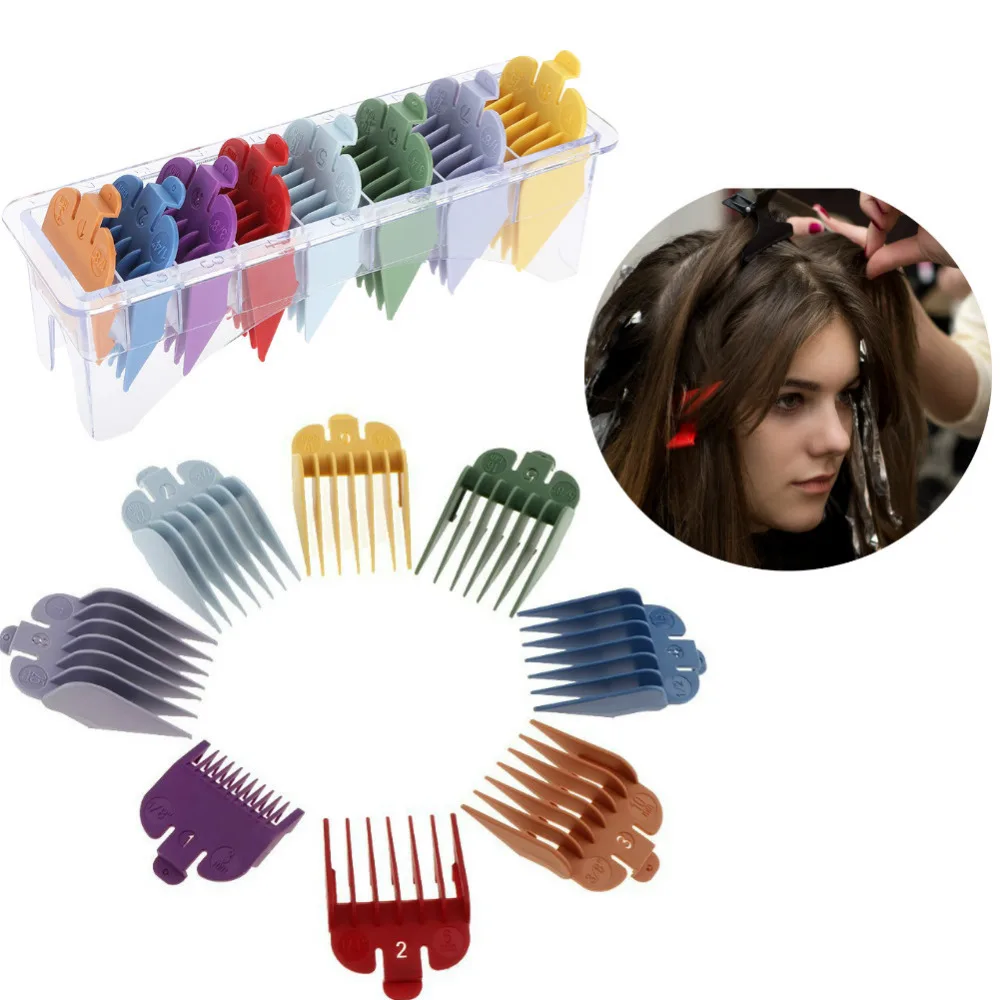

8 Sizes Guide Comb Set PP Rainbow Color Guide Combs Spare Clipper Parts Haircut Accessories Different Size with a standing base