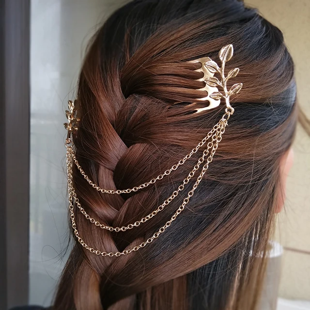Fashion Metal Tassel Chain Headband Women Hair Accessories Clip Hair Comb Bridal Leaf Headwear