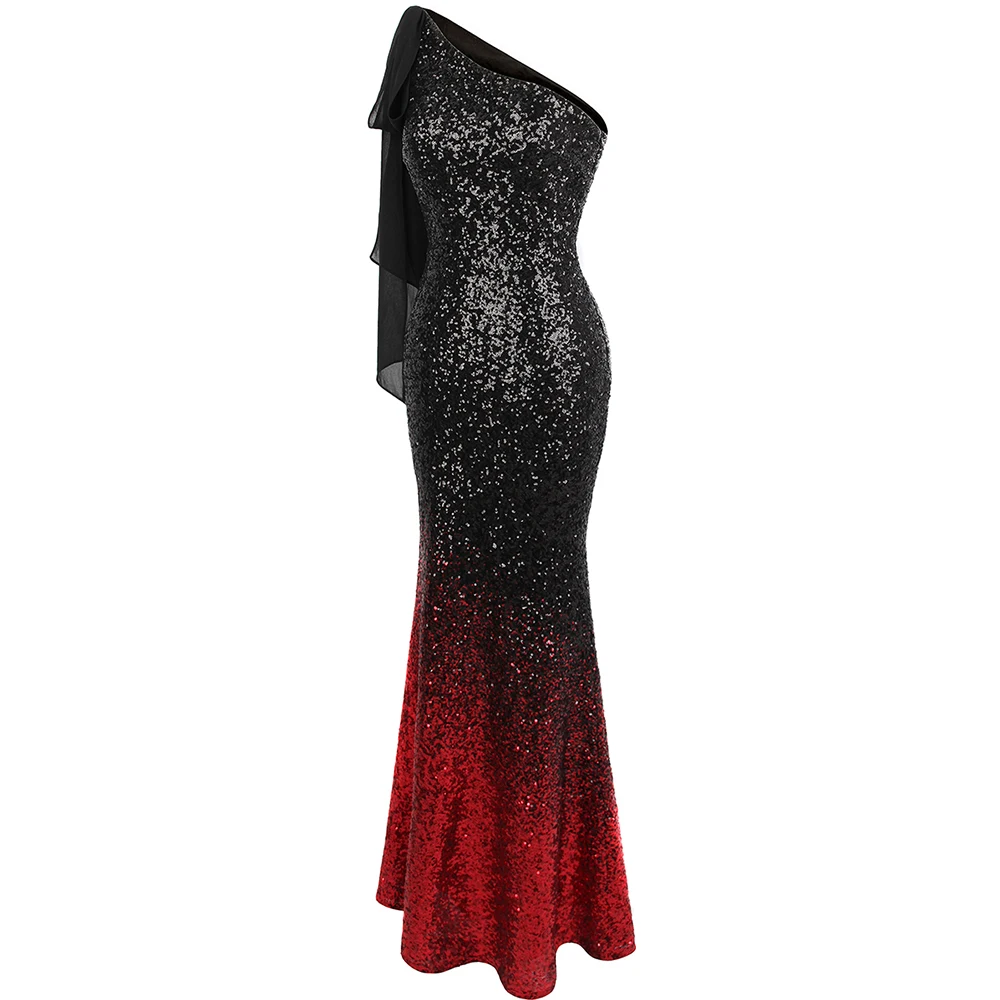 Angel-Fashion, женское плиссированное платье на одно плечо, комбинированное, градиентное, с блестками, контрастный цвет, черный, красный, с разрезом, вечерние платья 446 286