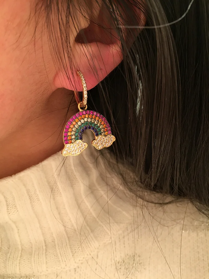 

janekelly Luxury Brand Yellow Gold Color Asymmetry Rainbow Earrings Colorful Cubic Zirconia Women Monaco ARC EN CIEL Jewelry