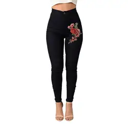 Модные, пикантные для женщин узкие Цветочные аппликация на джинсы Высокая талия стрейч карандаш брюки для девочек W312