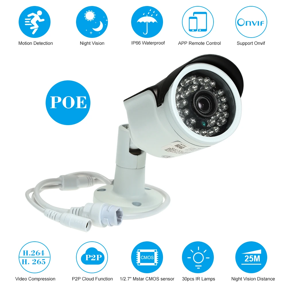 4MP камера HD Bullet POE IP ночное видение Onvif P2P Обнаружение движения Водонепроницаемая