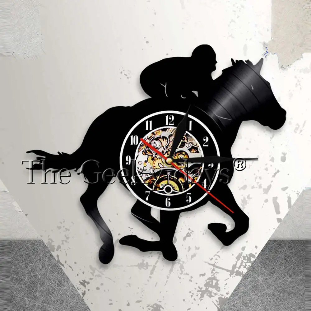Comprar Ecuestre Reloj de pared moderno caballo pared del Vintage Horse Racing vinilo reloj Caballero regalo para los amantes del caballo