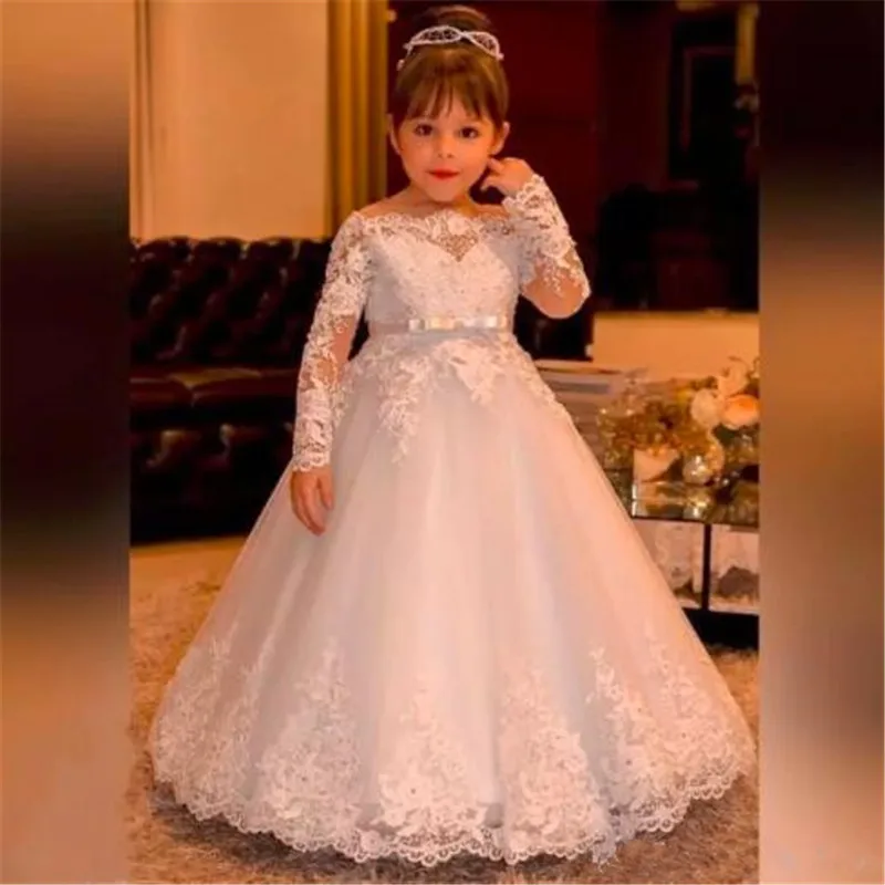 Недорогое Платье с цветочным узором для девочек на свадьбу, с длинными рукавами, с кружевной аппликацией и поясом, платье для первого