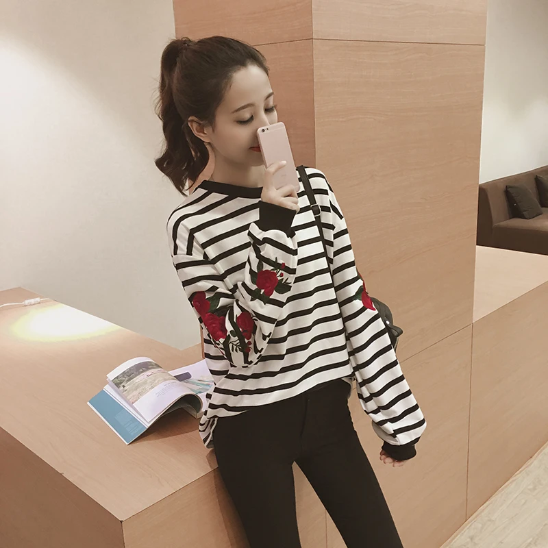 Roses Embroidery Lantern Sleeve Loose Striped Women Sweatshirt (18)