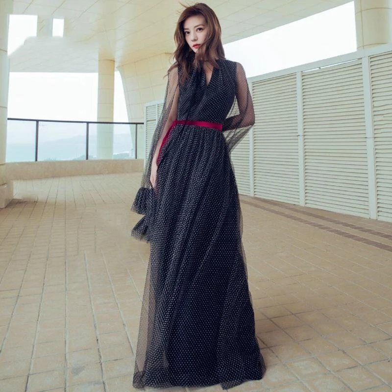 

Dot Cape Cloak Mesh Long Dress High Quality Vintage V Neck Polka Tunic Women's Party Dresses Robe Longue Femme Vestido Largo