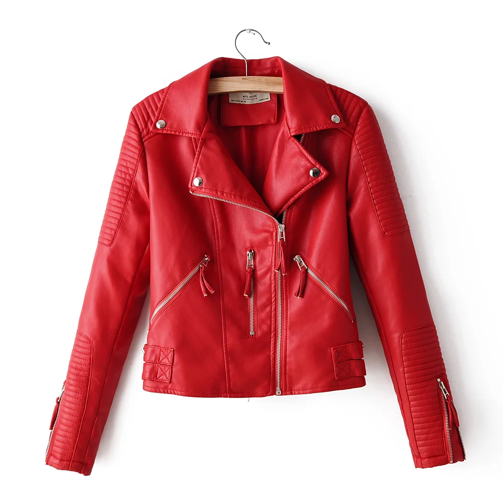 Розовая Женская Длинная кожаная куртка яркая искусственная кожа осень Байкерская мотоциклетная винтажная куртка на молнии Дизайнерская куртка - Цвет: Красный