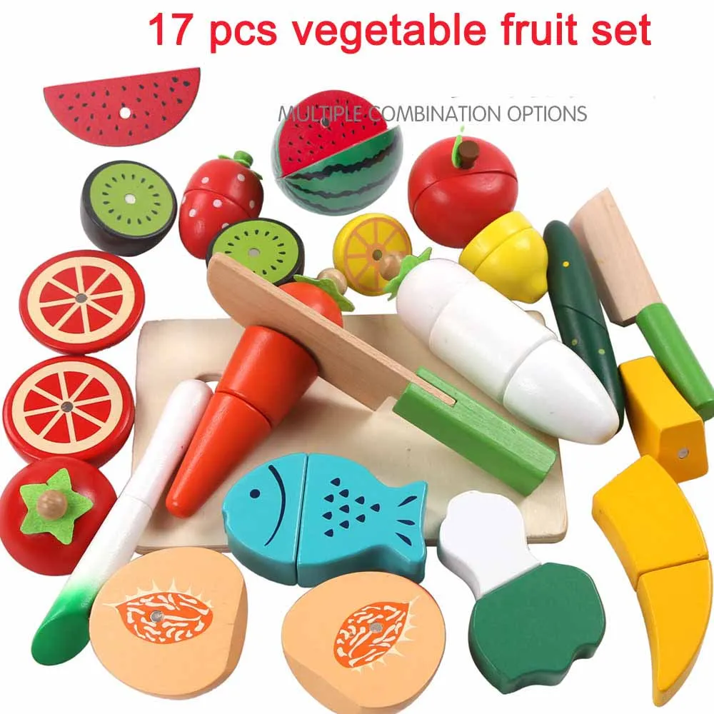 17pcs set Детский деревянный ролевой Игровой Набор для резки овощей, фруктов, кухни, кухонный комплект детских игрушек, деревянный кухонный игровой набор, ролевые игры, еда - Цвет: 17pcs set