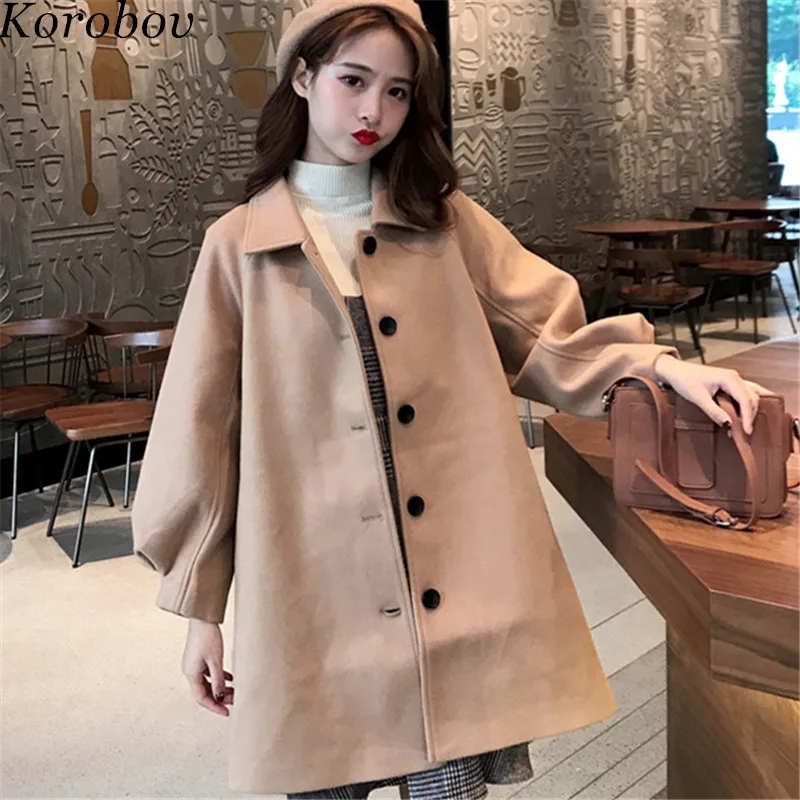 

Korobov Coats 2019 New Auttum Puff Sleeve Jackets Vintage Loose Casual Single Breasted Thicken Winter Jacket Women 76313