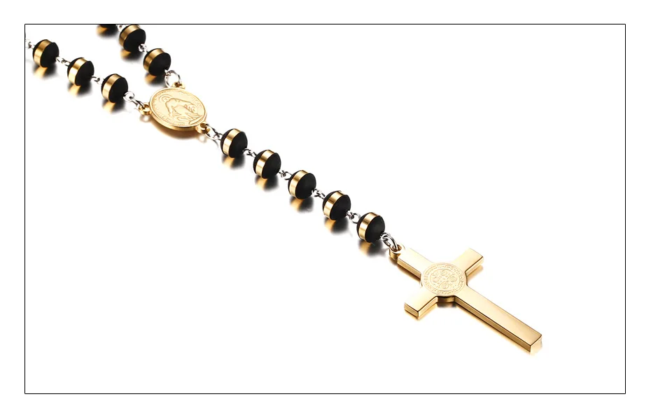 Meaeguet BlackGold Color Long Rosary Necklace For Men Women Stainless Steel Bead Chain Cross Pendant Women's Men's Gift Jewelry (3)