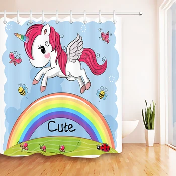 

LB Cute Unicorn And Butterfly over the Rainbow Shower Curtains Bathroom Extra Long Waterproof Polyester Fabric For Bathtub Decor