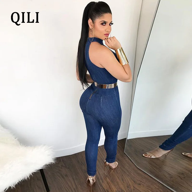 QILI Women Denim Jumpsuits Romper Sleeveless Rear Zipper Casual Jumpsuit Summer Women Elegant Skinny Long Pants Overalls