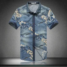 2016 summer fashion men’s short-sleeved jeans shirt printing High-quality brand men’s casual denim shirt Men’s large size shirt