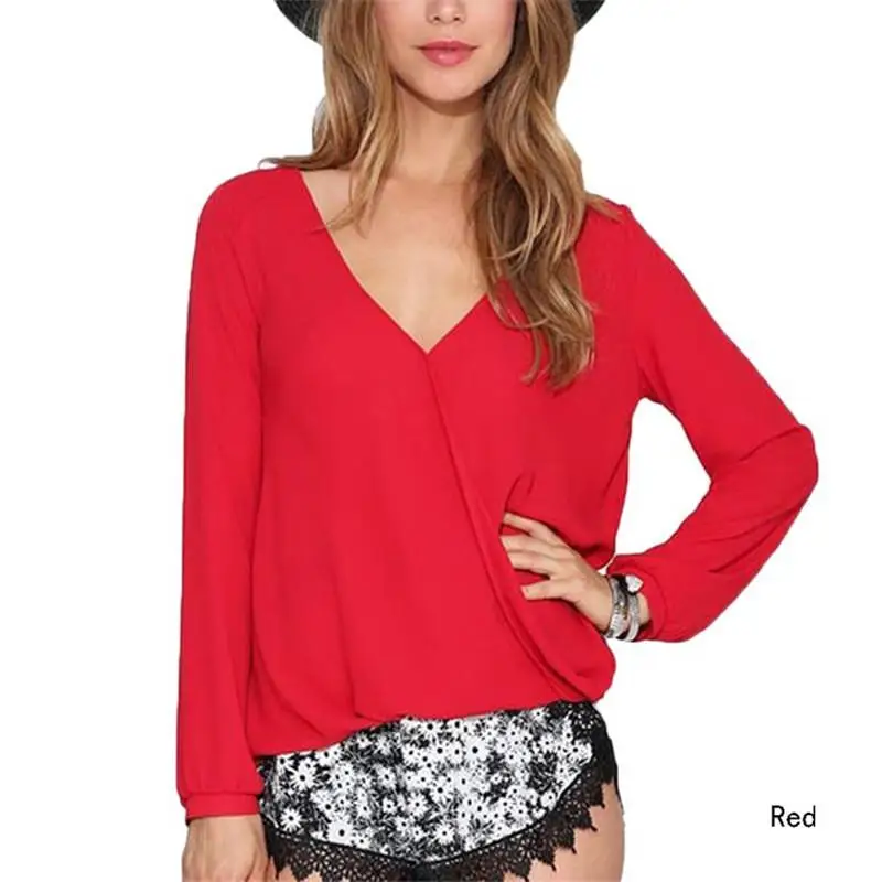 Spring elegant red women shirt formal slim v neck long