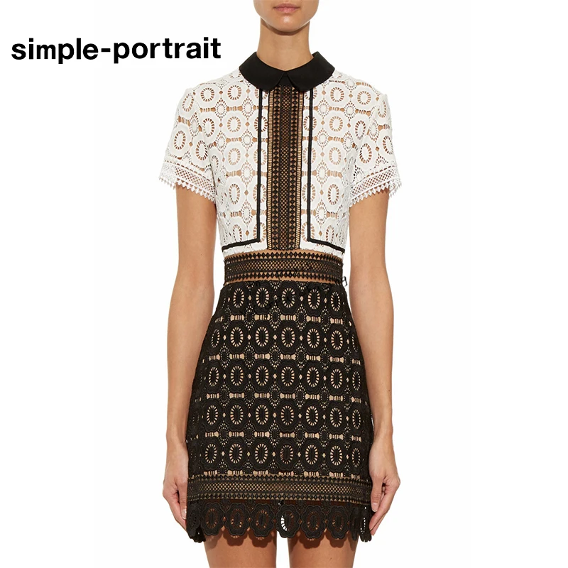 

New fashion 2019 Self protrait dress women's short sleeve color black and white patchwork lace dress OL lady dress