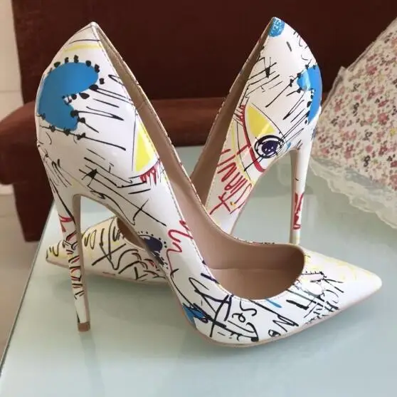 

2018 Newest Hot Print Leather Mixed Color 12cm 10cm High Heel Slip On Women Pumps So Kate Plus Size 35-44 Wholesales Party Shoes