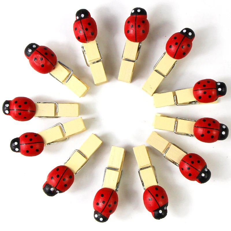 

12PCS Cute Mini Beetle Natural Wooden Clips Storage Bag Seal Picture Photo Paper Decorations Peg Pin Craft Clips