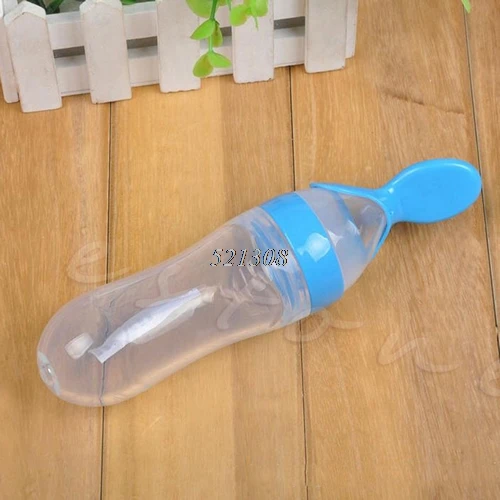 Детская Бутылочка для каши, силиконовая ложка для кормления - Цвет: Синий