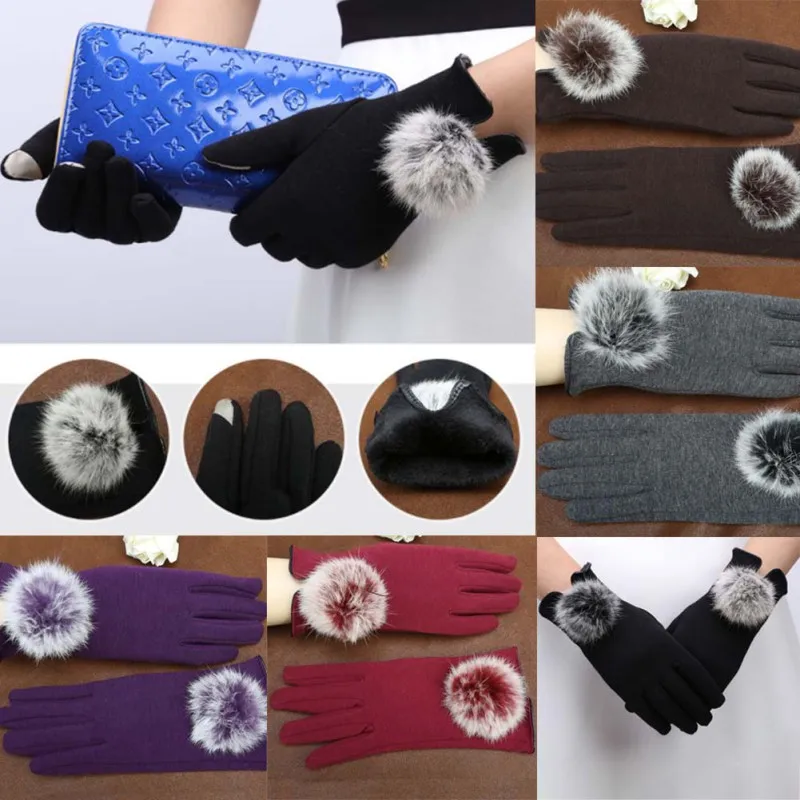 Модные женские зимние теплые осенние элегантные хлопковые перчатки с сенсорным экраном из искусственного меха для мобильного телефона планшета