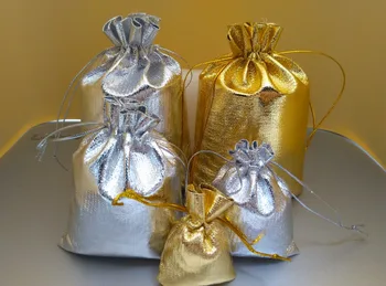 

50Pcs/lot 11x16 13x18 15x20 17x23cm Golden /silver color Drawstring Organza bag Jewelry Organizer Pouches Jewelry Packaging bags
