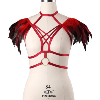 

Sexy Lace Feather Epaulette crop Tops Harness Body Cage Bralette Rave Bondage Body Harness Shoulder Wings Fetish Erotic harness