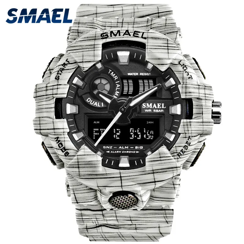 SMAEL Watch For Men Clcok White Digital Watches Dual Time Wristwatches 8001 LED Watch Men Waterproof Mens Watches Army Clock