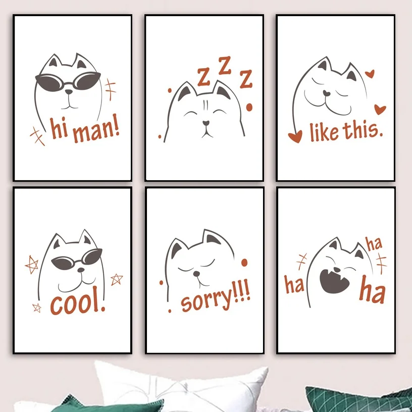 

Cartoon Hand Painted Cute Cat Series Quote Wall Art Canvas Painting Nordic Posters And Prints Wall Pictures Baby Kids Room Decor