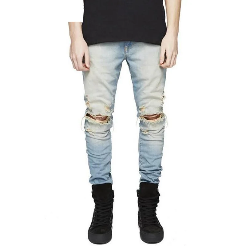

Designer Slim Fit Ripped Jeans Hi-Street Mens Distressed Denim Biker Knee Holes Washed Destroyed Jeans