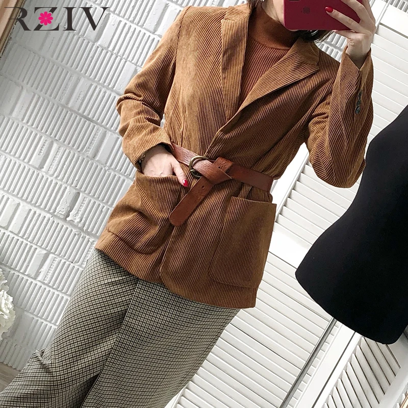 RZIV весна блейзер пальто женщин blazer случайный сплошной цвет однобортный карман декоративный вельвет костюм
