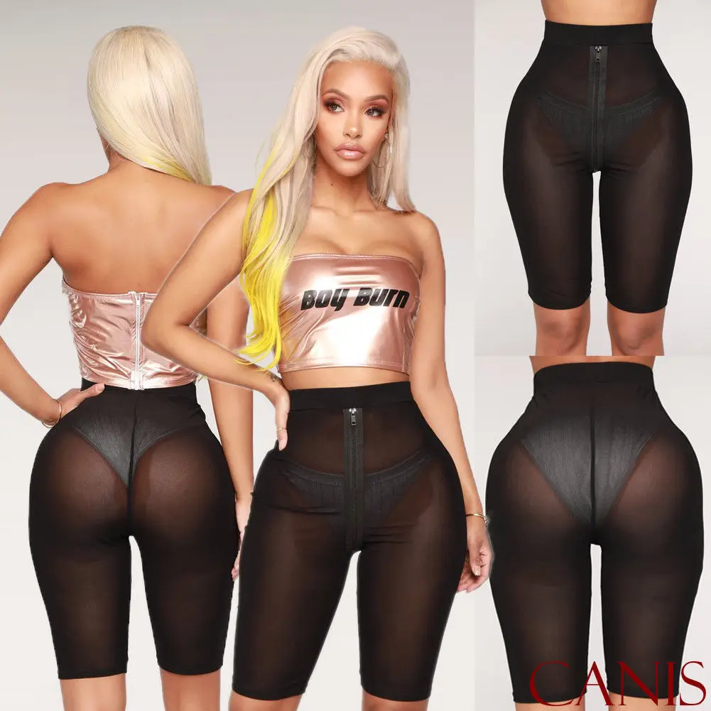 

Hot Women's Ladies Sporty Mesh See-through Leggings Solid Bodycon Slinky Cycling Stretch Half Length Sports Pants