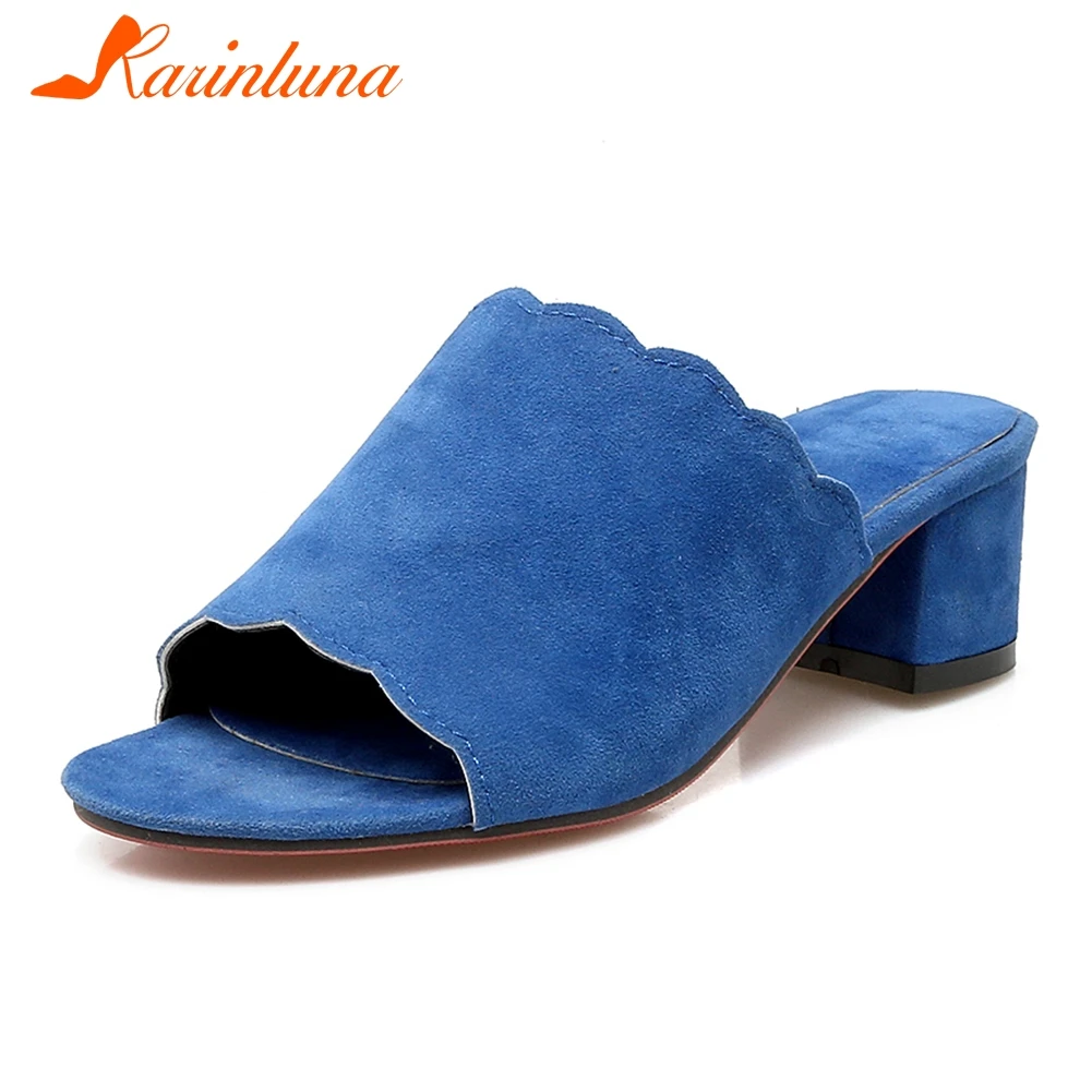 

KARINLUNA 2019 New Fashion Peep Toe Flock Mules Shoes Woman Shoes Summer Slip On Casual Pumps Woman Shoes Women