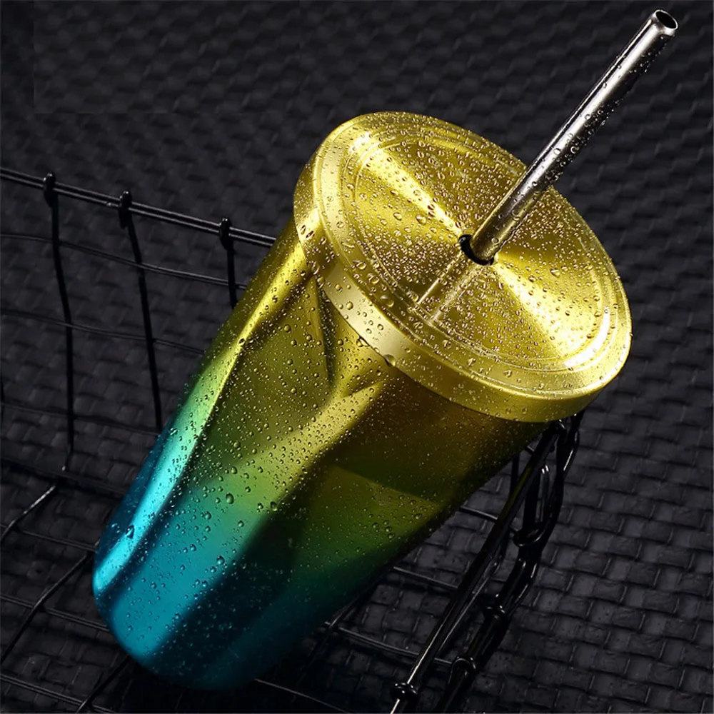 

304 Stainless Steel Sippy Cup 500ml Gradient Color Metal Water Bottle Juice Milk Drink Bottles Simple Coffee Straw Cups