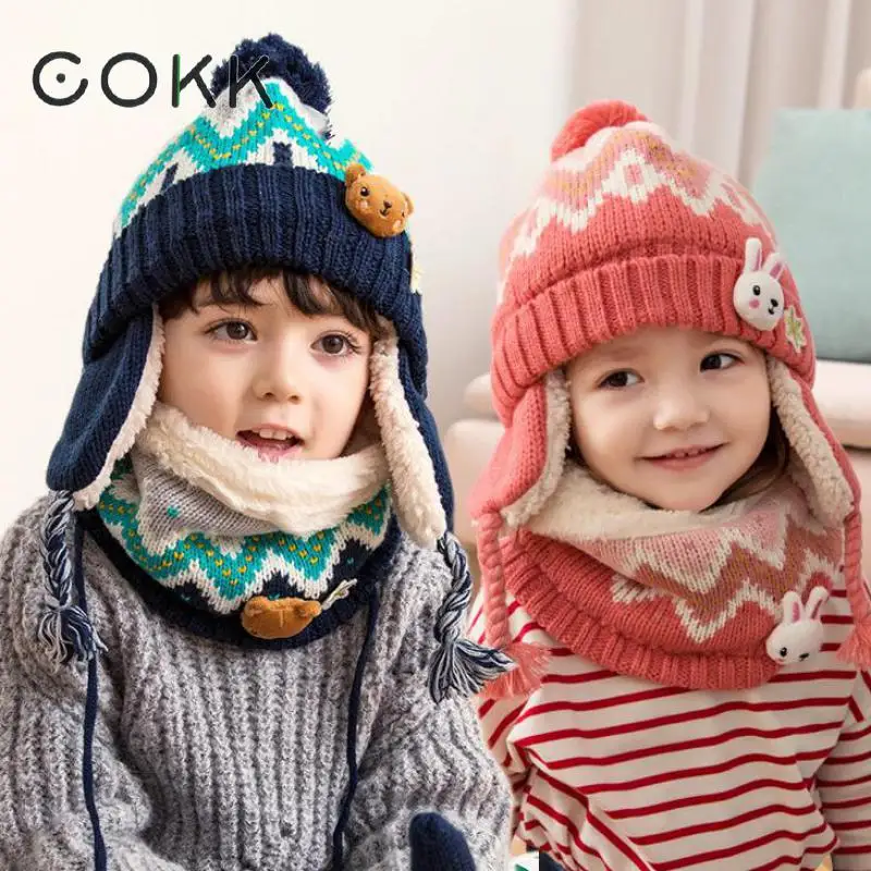 COKK детей набор шапки и шарфа из двух частей теплые шапки осень/зима для девочек и мальчиков Дети плюс бархат меховая шапка нагрудник