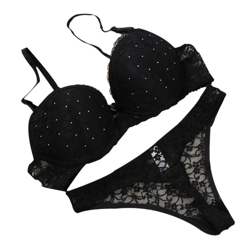 New Women's Comfort Push-Up Deep V Bra Set Solid Color Brassiere Bra + Sexy Panties Brief Lace Lingerie Underwear Set Plus Size