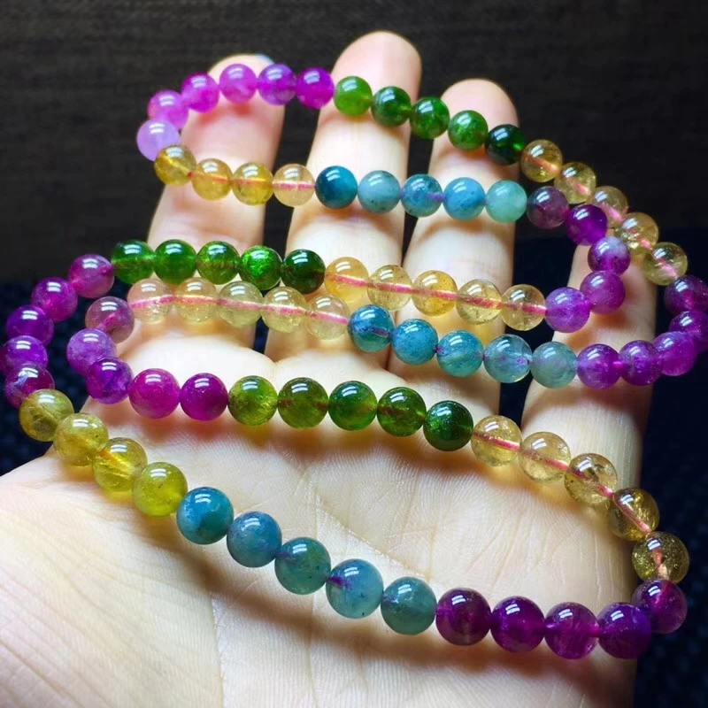 

Top Quality Natural Colorful Rainbow Tourmaline Crystal Bracelets 6mm Woman Necklace 3 Loops Beads Brazil AAAAA Certificate