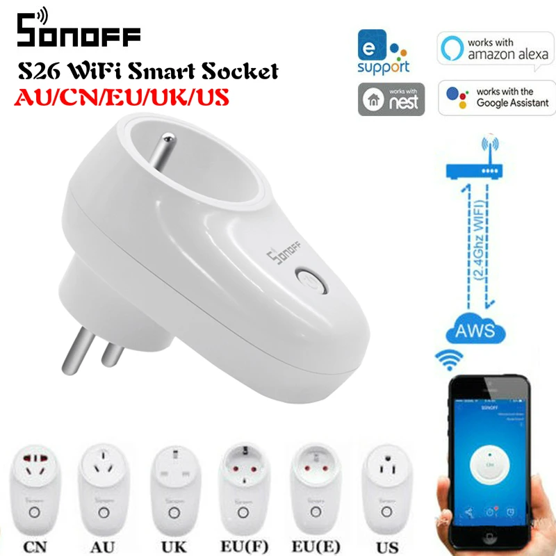 Sonoff S26 básico WiFi inteligente del zócalo de energía APP Ewelink es/CN/EU/UK/US inalámbrico macho interruptor de hogar inteligente con Alexa Google asistente