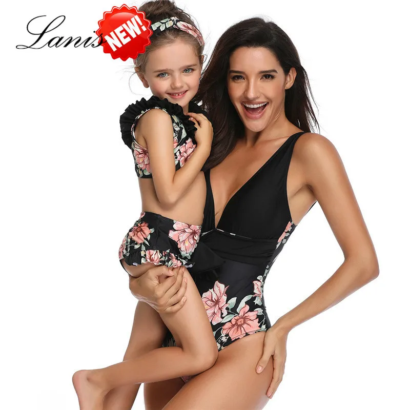 

2019 New Parent-child Swimsuits Europe and America Mother-daughter Adjustable Straps Sexy Hip Color Printed Swimsuits