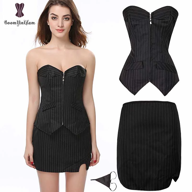 Black Pinstripe Strapless Corset Dress Suit Gothic Women Zipper Korse Sexy Outfit Korset Plus Size Overbust Office Lady|Bustiers & Corsets| - AliExpress