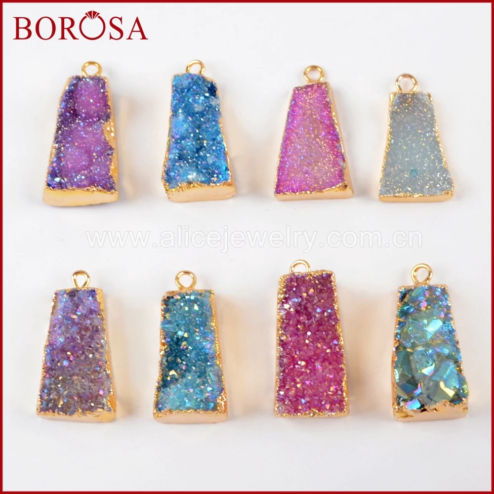 

BOROSA 10PCS Gold Color Trapezoid Rainbow Titanium AB Druzy Charms Jewelry, Mixed Colors Drusy Charms Pendant for Necklace G1529