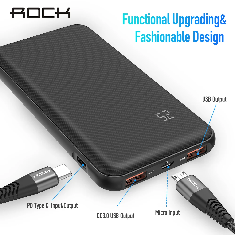 ROCK PD QC 3 0 18 Вт быстрое зарядное устройство power Bank 10000 мАч цифровой светодиодный