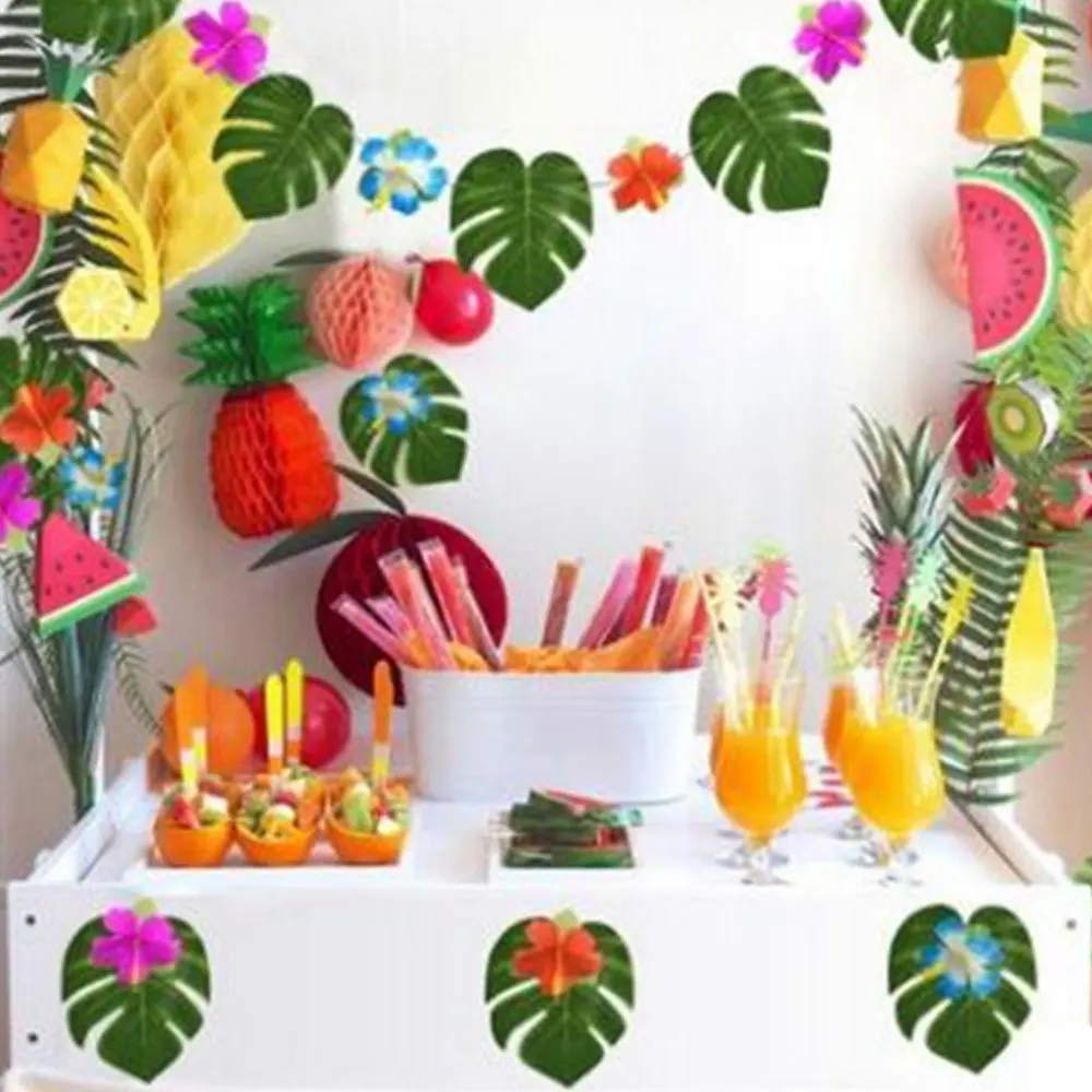 60pcs/set Artificial Tropical Palm Leaves Simulation Leaf with Flower Hawaiian Luau Party Jungle Beach Theme Party Decorations