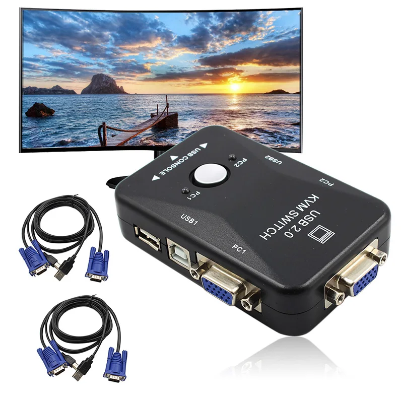2-Port 1920x1440 USB 2.0 Switcher KVM Switch Mouse//Keyboard//VGA Video Monitor