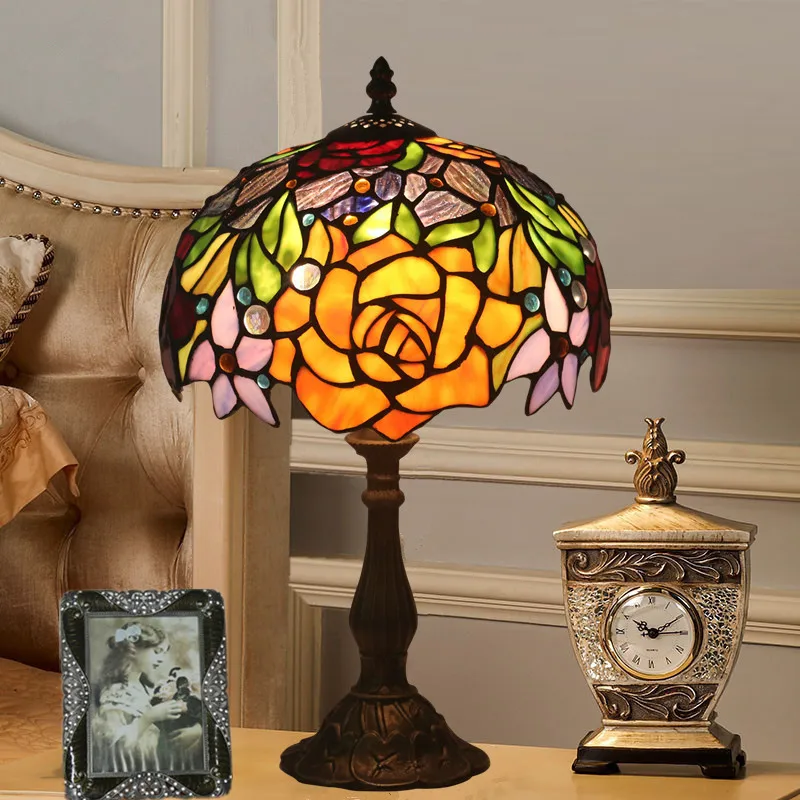 Antique Nordic Art Deco Turkish Mosaic Rustic Stained Glass Red Bedroom Bedside Desk office Table Lamp Light For Living Bed Room