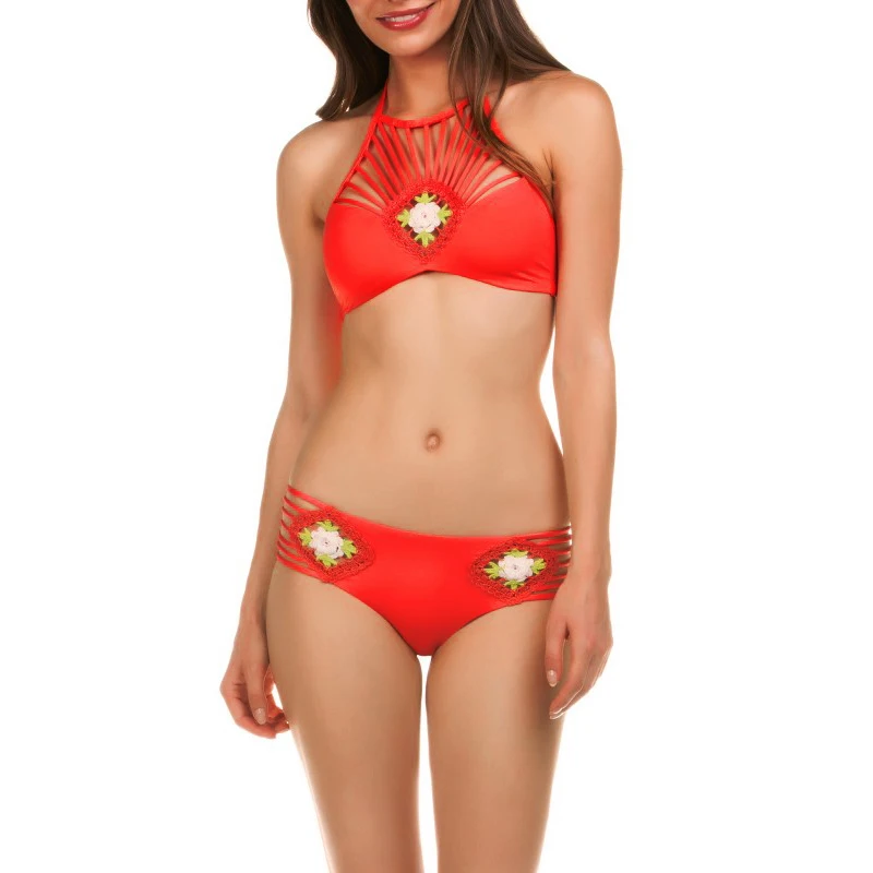 

2018 Sexy High Neck Bikini Set Hollow Out Flower Solid Swimwear Push Up Brazilian Women Bikinis Backless Bathing Suit Beachwear
